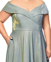 Xscape Plus Draped Off-The-Shoulder Metallic Gown