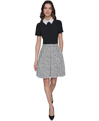 Karl Lagerfeld Paris Women's Collared Mixed-Media A-Line Dress