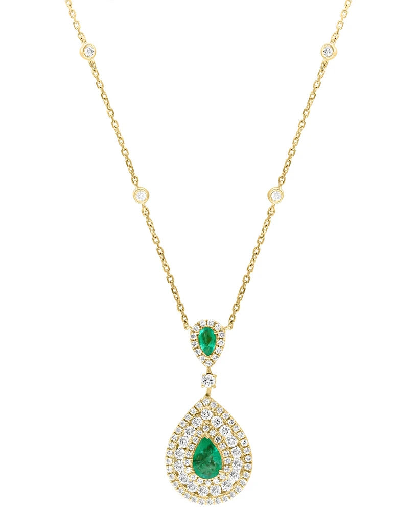 Effy Emerald (3/4 ct. t.w.) & Diamond (1-1/8 ct. t.w.) Double Pear Halo 18" Pendant Necklace in 14k Gold