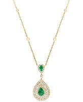 Effy Emerald (3/4 ct. t.w.) & Diamond (1-1/8 ct. t.w.) Double Pear Halo 18" Pendant Necklace in 14k Gold