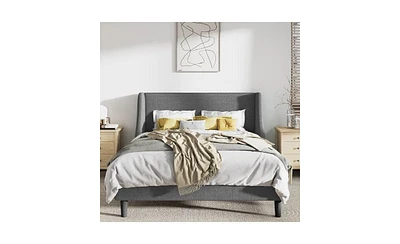 Slickblue Upholstered Linen Blend Headboard Wingback Platform Bed for Elegant Bedroom Style