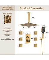 Casainc 3-Function 12 Inch Ceiling Mount Rainfall Thermostatic Shower System with 6 Body Jets