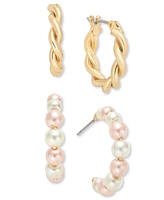 Charter Club Gold-Tone 2-Pc. Set Pink & White Imitation Pearl Twisted Hoop Earrings, Exclusively at Macy's