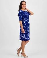 Connected Petite Printed Short-Sleeve Faux-Wrap Sheath Dress