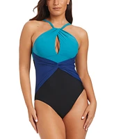 Beyond Control Women's Coastal Colorblock Twisted Halter One-Piece Swimsuit