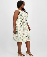 Anne Klein Plus Floral-Print Linen-Blend Fit & Flare Dress