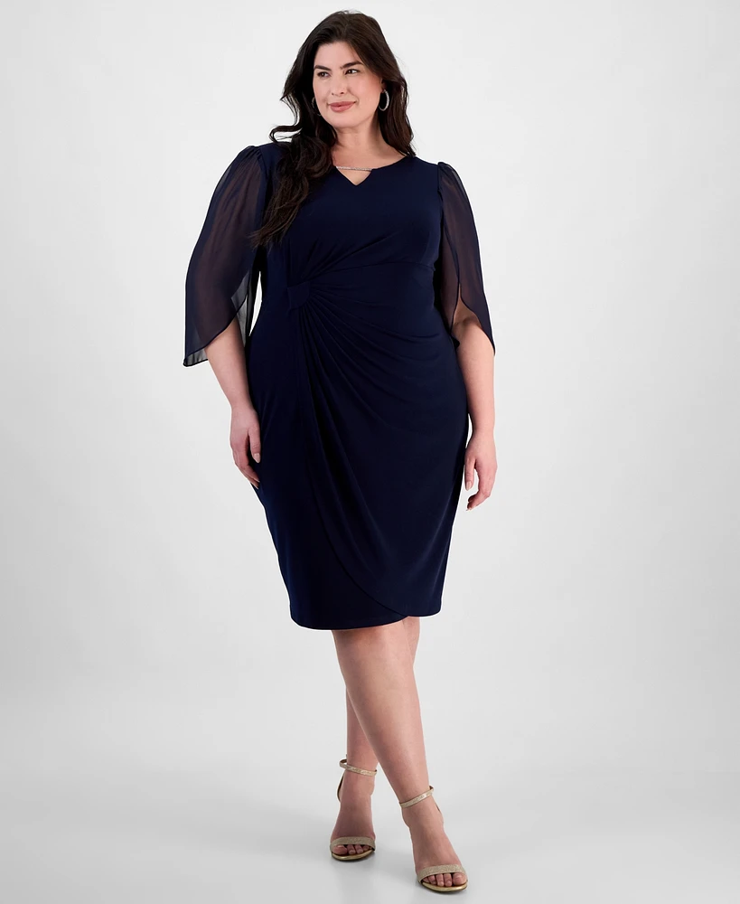 Connected Plus Sheer-Sleeve Chain-Detail Sheath Dress
