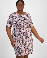 Connected Plus Floral-Print Gathered-Waist Dress