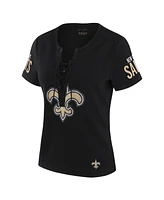 Wear by Erin Andrews x Gracie Hunt Women's Black New Orleans Saints Draft Me Lace-Up T-Shirt