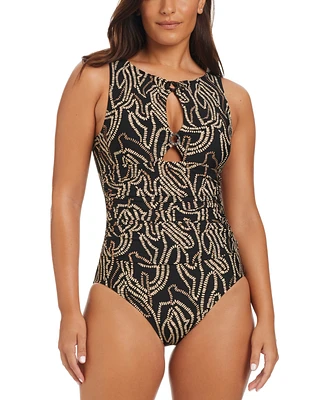 Beyond Control Women's Foil Me Once High-Neck Tummy-Control One-Piece Swimsuit