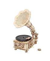 Robotime 3D Wooden Puzzles Gramophone Model Kits Handcrank Mode Self-Assembly Record Player Support, Beige, 8.11"5.04"10.43"