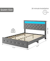 gaomon Platform Bed with Usb Port and Led Light Headboard Wood Slat Support Bed Frame