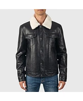 Alpine Swiss Aaron Mens Fitted Trucker Jacket Sherpa Collar Faux Leather Casual Coat