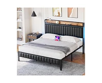 gaomon King Bed Frame with Charging Station, Led Bed Frame with Storage Headboard, Upholstered Platform Bed Frame, No Box Spring Needed