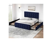 gaomon Queen Size Bed Frame with 4 Storage Drawers and Headboard, Velvet Upholstered Platform Bed Frame with Wooden Slats Support