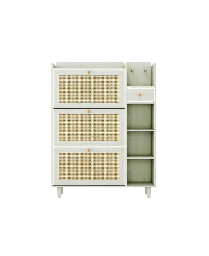 Boyel Living Natural Bohemia Style Shoe Cabinet, Shoe Rack Cabinet with 3 Rattan Flip Drawers,3 Square Shelves and 1 Storage Drawer