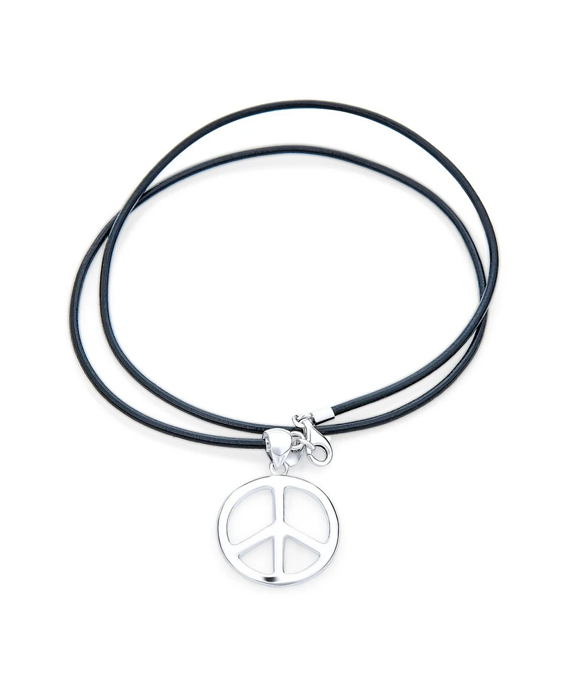 Bling Jewelry Men's Peace Sign Pendant Necklace Black Leather Cord Sterling Silver 18" Polished