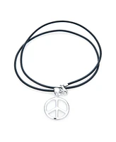 Bling Jewelry Men's Peace Sign Pendant Necklace Black Leather Cord Sterling Silver 18" Polished