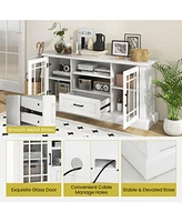 Gymax Farmhouse Tv Stand for TVs up to 70'' Media Center w/Glass Doors Cubbies & Drawer