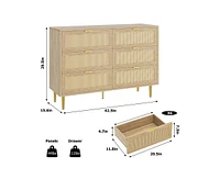 gaomon Rattan 6 Drawer Dresser, Farmhouse Wooden Chest of Drawers with 5 Metal Legs, Golden Handles, Wide Double Drawer Dresser for Bedroom