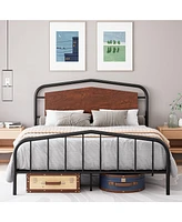 gaomon Platform Bed Frame with Wooden Headboard, Heavy Duty Metal Slats Support