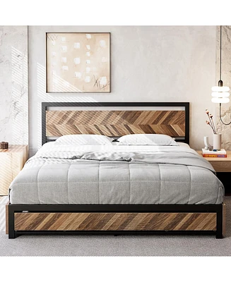 gaomon Bed Frame with Rustic Vintage Wood Headboard