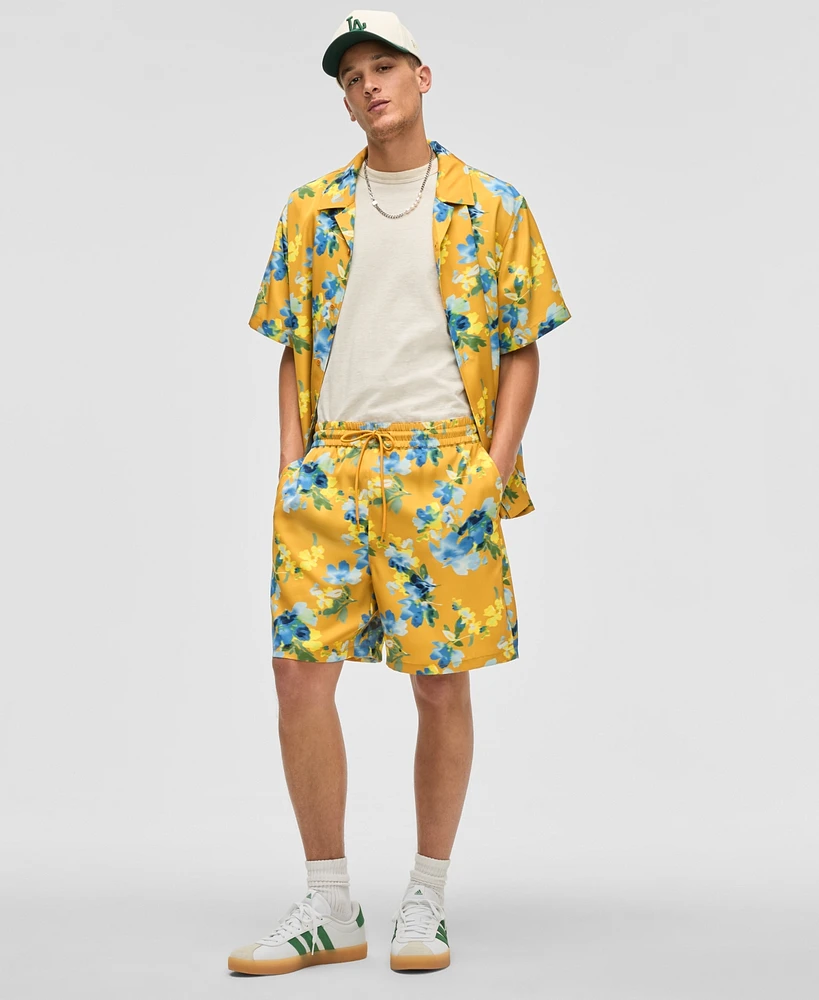 Mode of One Men's Blurred Floral Relaxed-Fit 6-1/2" Shiny Twill Shorts, Exclusively at Macy's