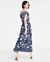 Anne Klein Women's Printed Border-Trim Drawstring Maxi Dress