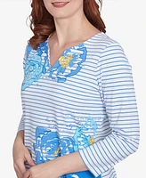 Ruby Rd. Petite Floral Embroidered Script Stripe Three Quarter Sleeve T-Shirt