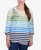 Ruby Rd. Petite Striped Embellished Three Quarter Sleeve Top