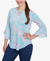 Ruby Rd. Petite Cloisonne Floral Puff Print Three Quarter Sleeve Top