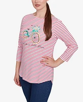 Ruby Rd. Petite Bicycle Bloom Striped Three Quarter Sleeve T-Shirt