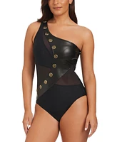 Beyond Control Women's Faux-Leather One-Shoulder One-Piece Swimsuit