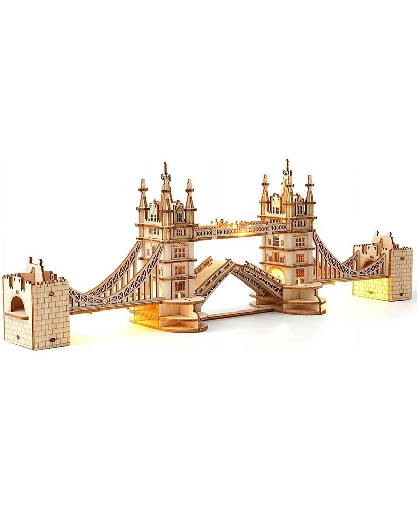 Robotime 3D Puzzle Wooden Craft Kits Tower Bridge With Lights Architecture Construction Model for Teens, Off-White, 14.1"2.9"4.6"