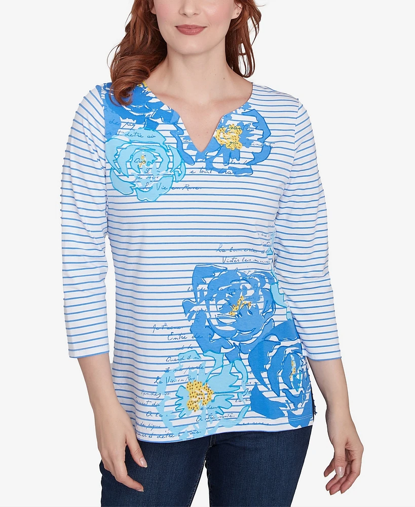 Ruby Rd. Petite Floral Embroidered Script Stripe Three Quarter Sleeve T-Shirt