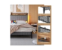 gaomon Queen Bed Frame with Charging Station, Led Bed Frame with Storage Headboard, Upholstered Platform Bed Frame Queen Size, No Box Spring Needed