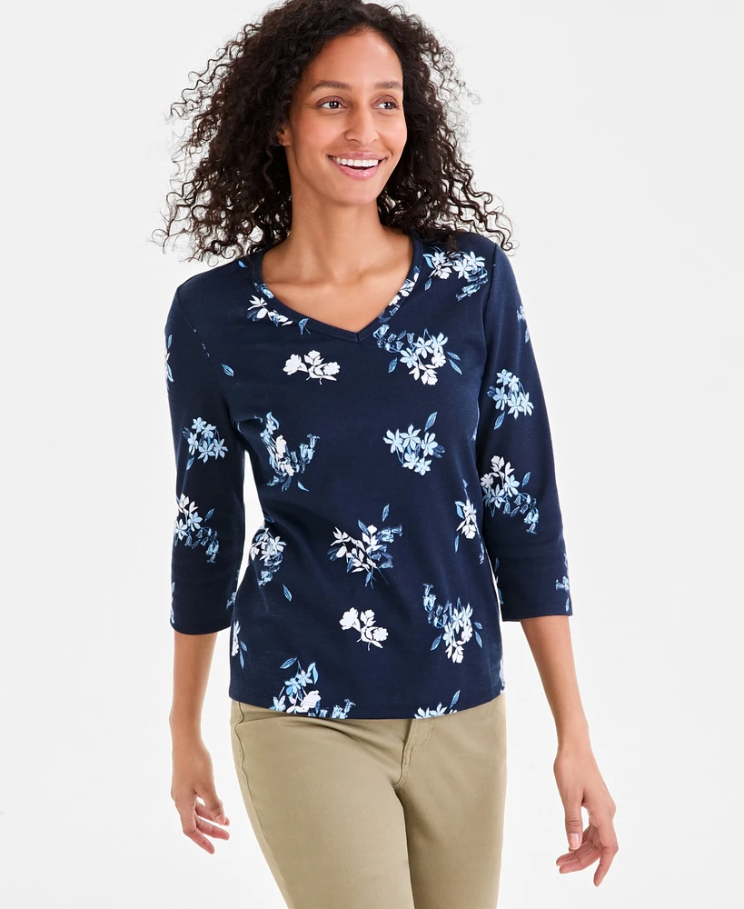 Style & Co Women's Printed V-Neck 3/4-Sleeve Top, Exclusively at Macy's