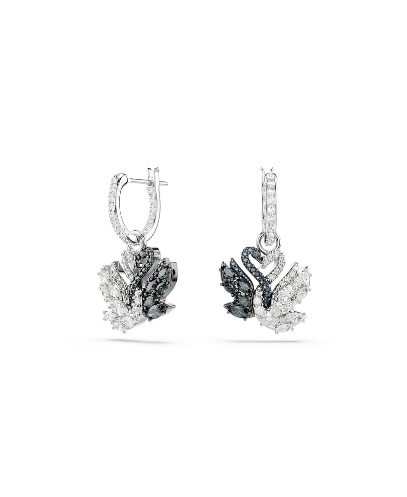 Swarovski Swan Black, Rhodium Plated Drop Earrings