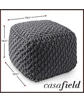 Casafield Square Pouf Ottoman, Navy Blue - 18.5" W x D 14.5" H Cotton Knit Foot Stool Boho Floor Pouffe for Living Room