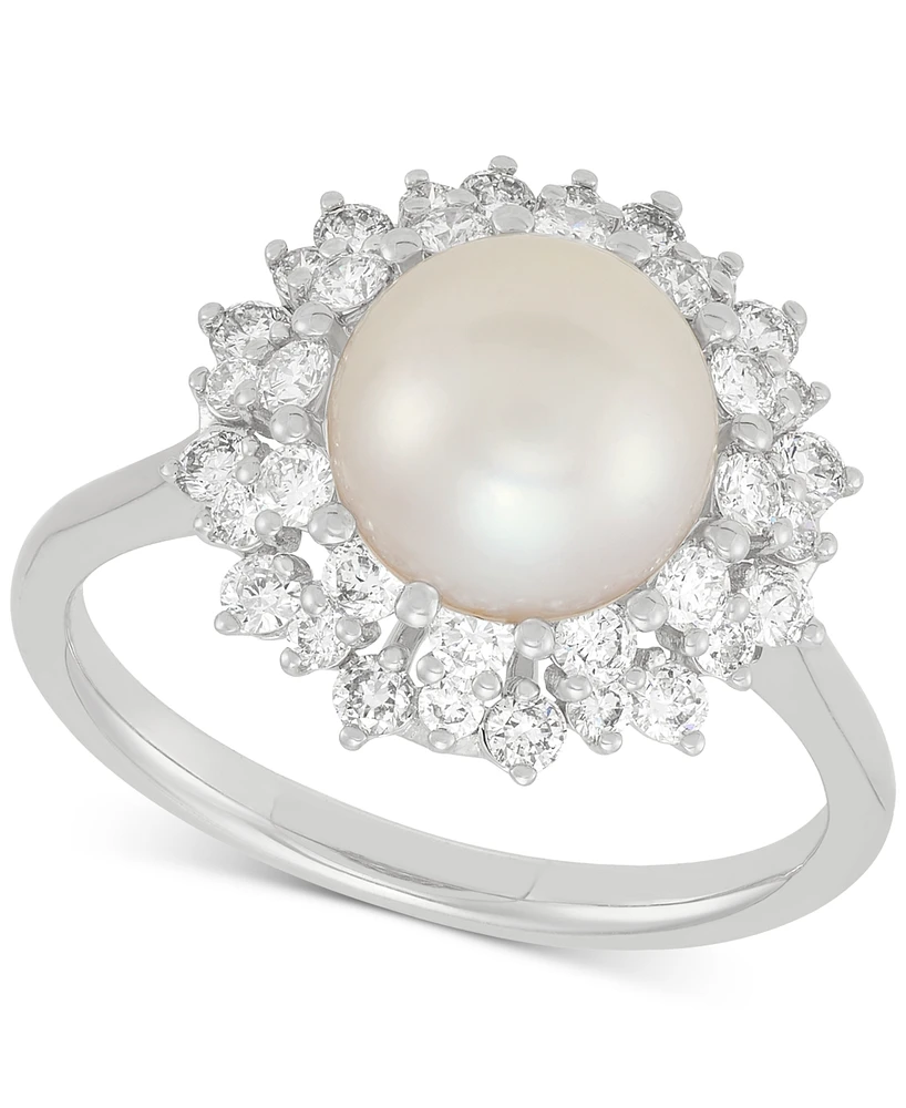 Grown With Love Cultured Freshwater Pearl (8mm) & Lab Grown Diamond (3/4 ct. t.w.) Statement Ring in 14k White Gold