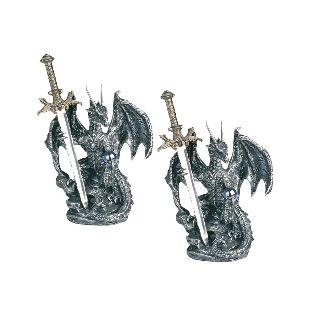 Fc Design "2-pc Set" 5"H Medieval Silver Dragon Holding Blue Gemstone and Sword Guardian Figurine Statue Ornament Home Room Office Decor and Perfect I