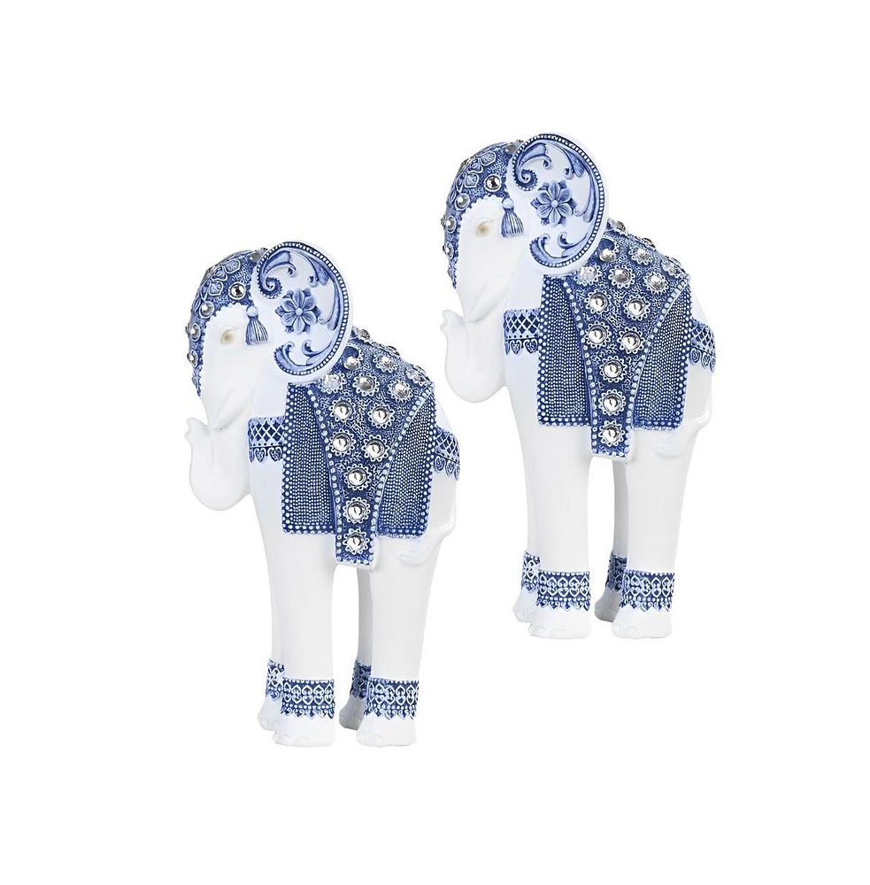 Fc Design "2-pc Set" 9"H Standing Long Legged Elephant with Decorative Gem Statue Slim Elephant in Blue and White Figurine Statue Ornament Home Room O