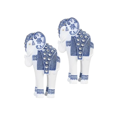 Fc Design "2-pc Set" 9"H Standing Long Legged Elephant with Decorative Gem Statue Slim Elephant in Blue and White Figurine Statue Ornament Home Room O