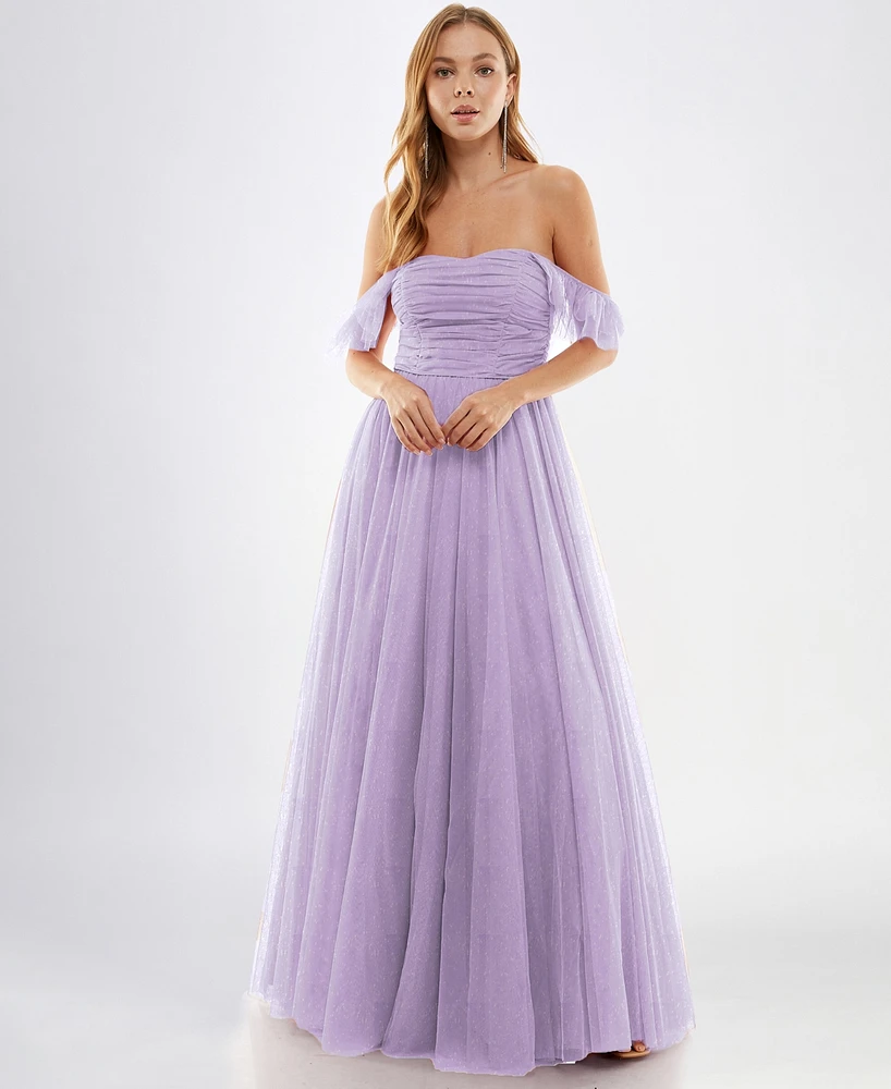 City Studios Juniors' Off-The-Shoulder Glitter Ball Gown