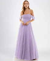 City Studios Juniors' Off-The-Shoulder Glitter Ball Gown