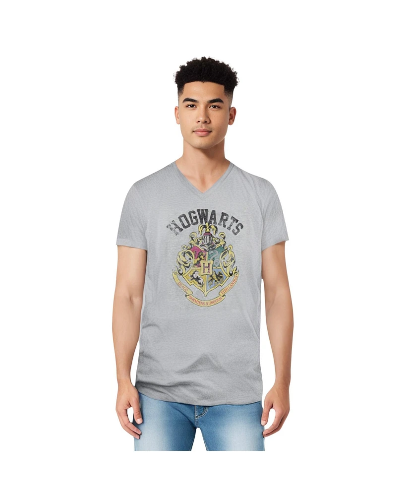 Harry Potter Mens Hogwarts Crest Short Sleeve Adult V Neck Premium Cotton Tee / T-Shirt