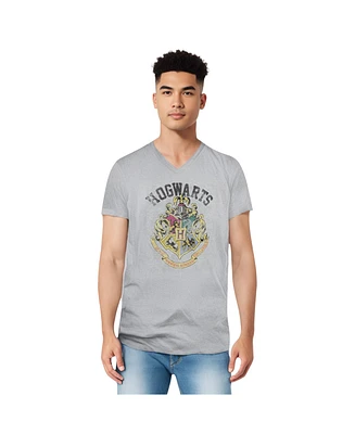 Harry Potter Mens Hogwarts Crest Short Sleeve Adult V Neck Premium Cotton Tee / T-Shirt