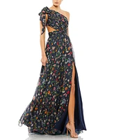 Mac Duggal Women's Tied One Shoulder Cut-Out Flowy Gown