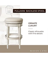 Maven Lane Pullman Backless Bar Stool in White Oak Finish w/ Natural Color Fabric Upholstery, Set of 3