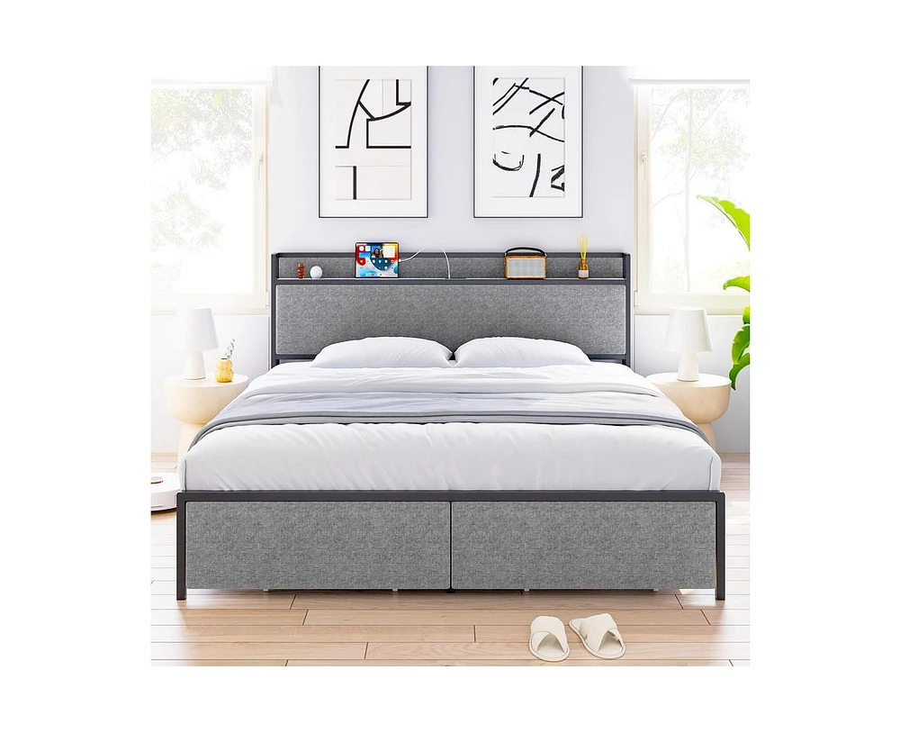gaomon King Size Bed Frame with Charging Station and 2 Storage Drawer, Upholstered Platform Bed with Headboard, Usb Port & Outlets, No Box Spring Need